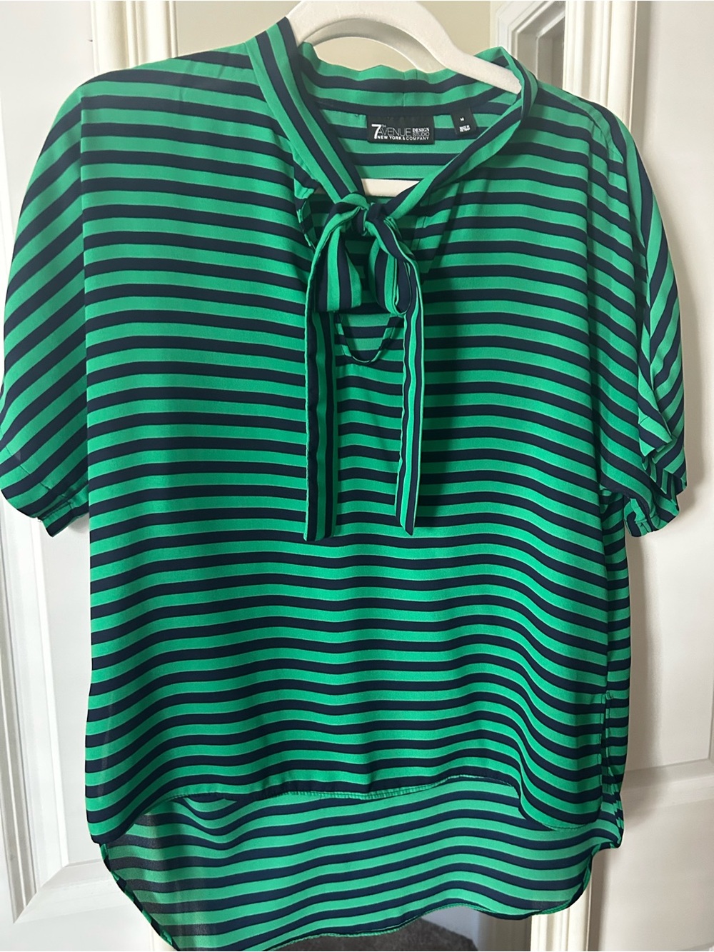 Green and Navy Striped Tie-Neck Blouse
